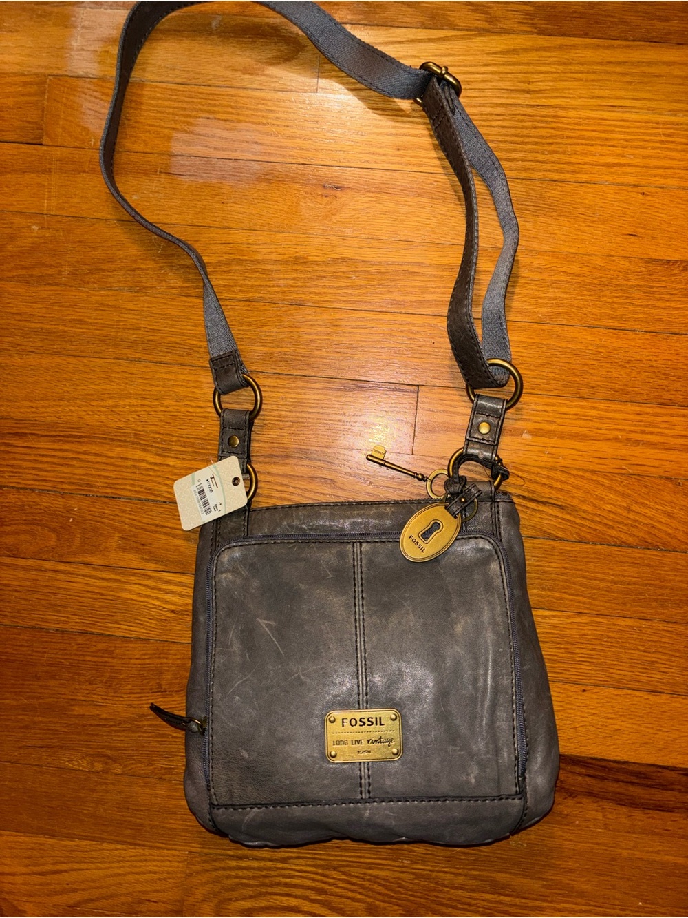 Fossil Slate Gray Leather Messenger Crossbody